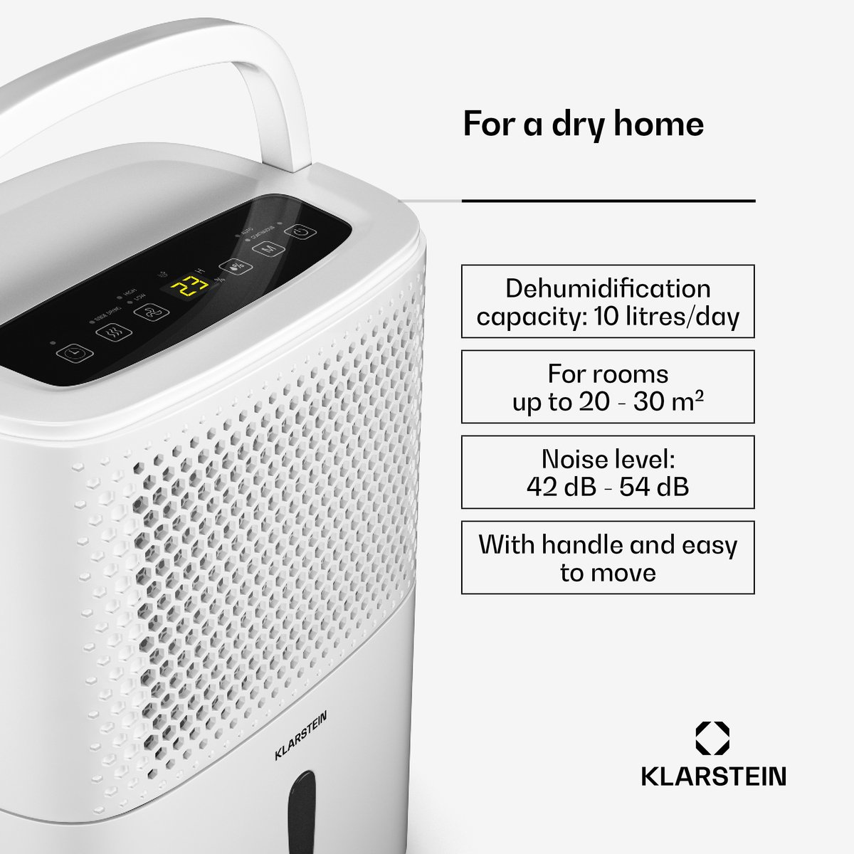Klarstein DryFy 10L Luchtontvochtiger - 200W, 10L/dag, 1,8L tank, 42dB stil, Automatische ontvochtiging, Timer, voor ruimtes tot 12m², Elektrische ontvochtiger, Ruimteontvochtiger, Zwart