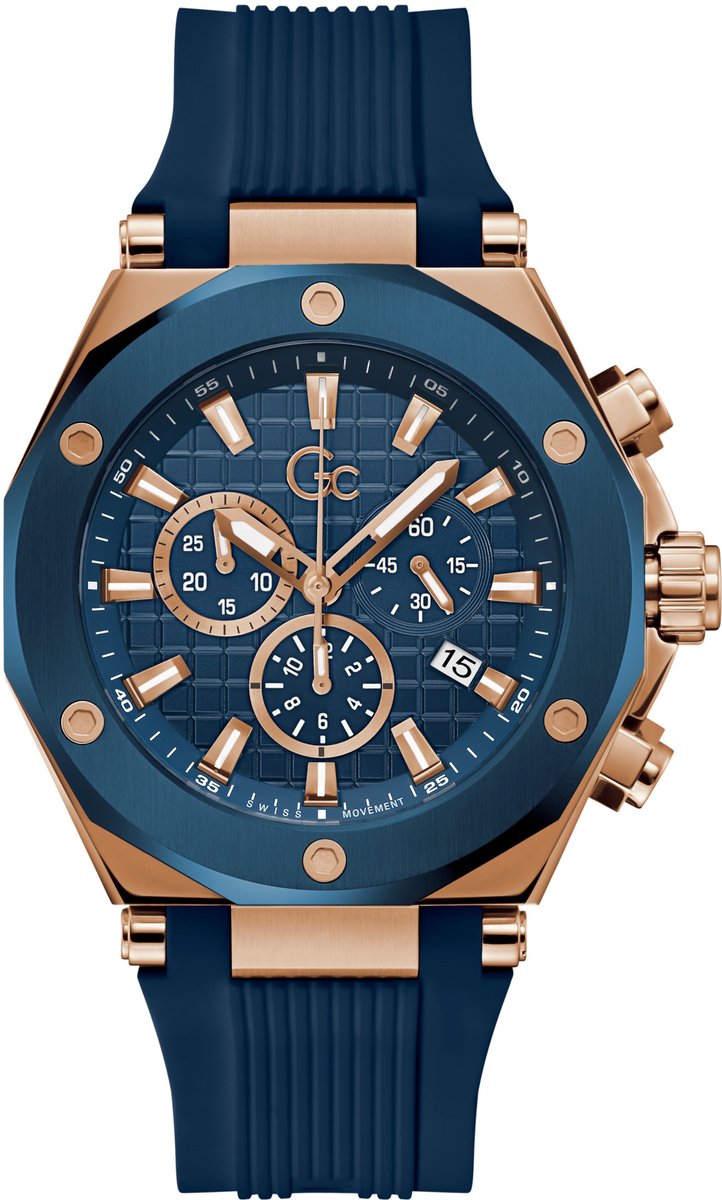 Gc Gc Legacy Chronograph Watch Blauw En Rosé Goud Case: 100% Roestvrij Staal | Armband: 100% Siliconen 44 mm Z18005G7MF, Z18006G7MF