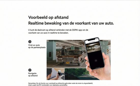 Bekijk uw auto op afstand via de DDPAI app op uw telefoon. Bekijk een klassieke auto in een parkeergarage.