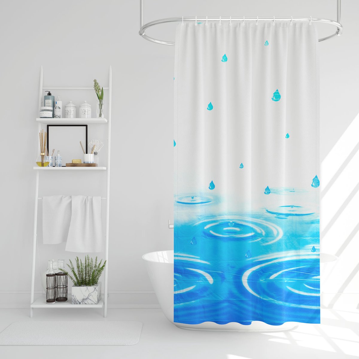 Douchegordijn Met Ringen – 180 × 180 Cm – PEVA – Semi-Transparant – Druppel, Lente Of Ruit Patroon – Waterafstotend En Onderhoudsvriendelijk – Voor Douche En Bad [11526B]