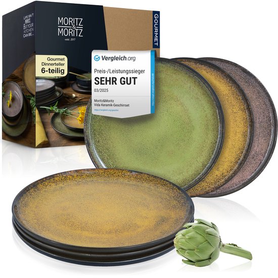 Moritz & Moritz Set de 6 assiettes plates, jaune-vert-rose, assiettes plates pour 6 personnes, porcelaine, passe au lave-vaisselle et au micro-ondes