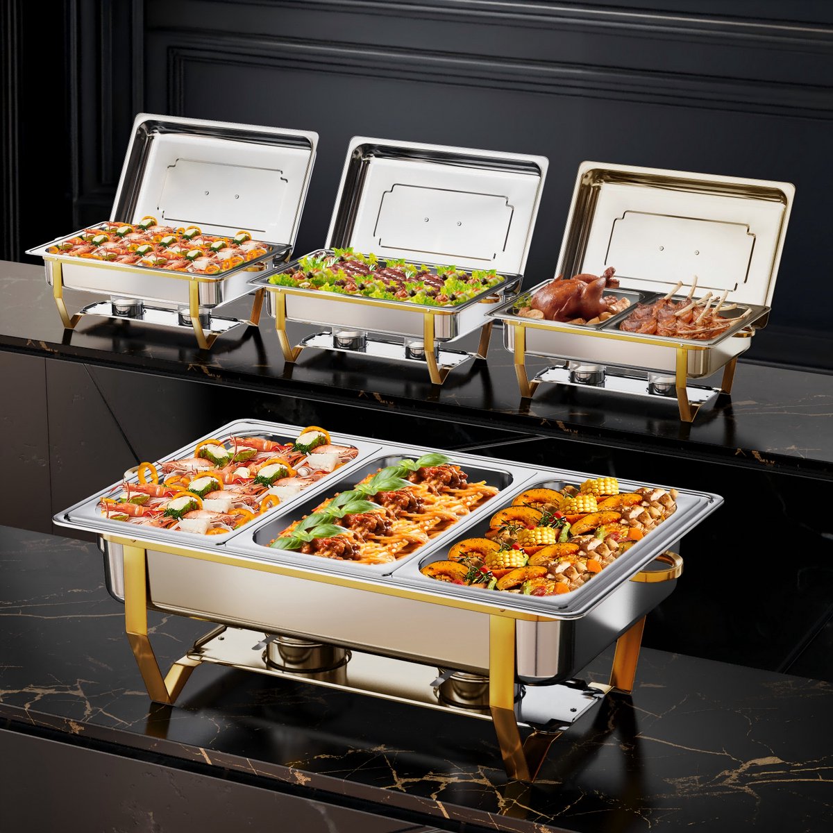 4-delige Gouden Chafing Dish Set – 7,6L Rechthoekige Warmhoudbakken van RVS met Meerdere Inzetbakken, Opvouwbaar Frame & Dekselhouder