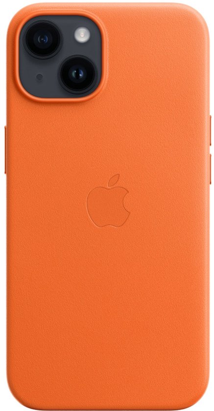 Coque en cuir orange pour iPhone 14, avec logo Apple détaillé et MagSafe.
