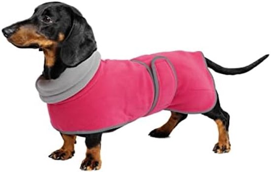 Roze fleece hondenjas met grijze voering en kraag, gedragen door een zwarte en bruine teckel.