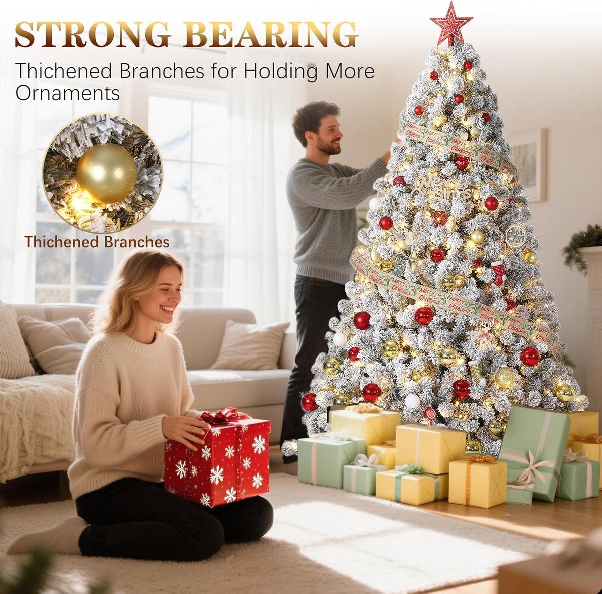 Kunstkerstboom – 120 cm – Met Verlichting – 100 LED – besneeuwd –Warm Wit – PVC Dennenboom – Wit – foto 8