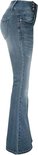 Zijaanzicht van een lichtblauwe dames jeans met wijde, uitlopende pijp.