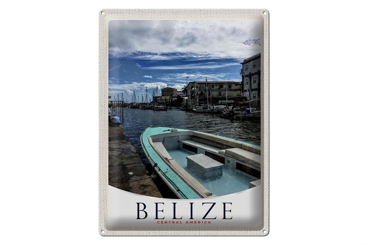 Blechschild Reise 30x40cm Belize Central Amerika Boote Ufer