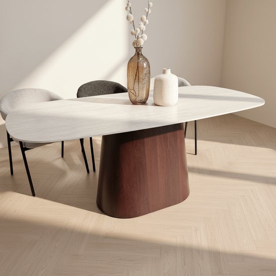 Table à manger en travertin aspect marbre et pierre frittée Dimehouse Lea 180 x 90 cm - Cadre en noyer - Ovale danois - Marbre - Moderne - Ovale danois