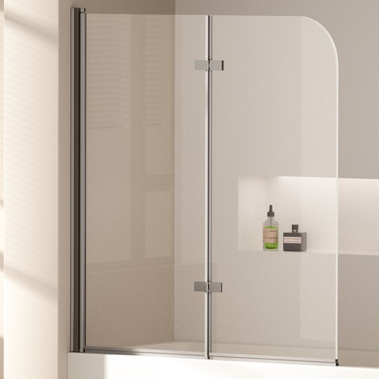 EMKE Paroi de baignoire - Pliable - 120x140cm - Chrome - Verre de sécurité transparent 6 mm - Revêtement Nano - Profilé aluminium - Pare-baignoire