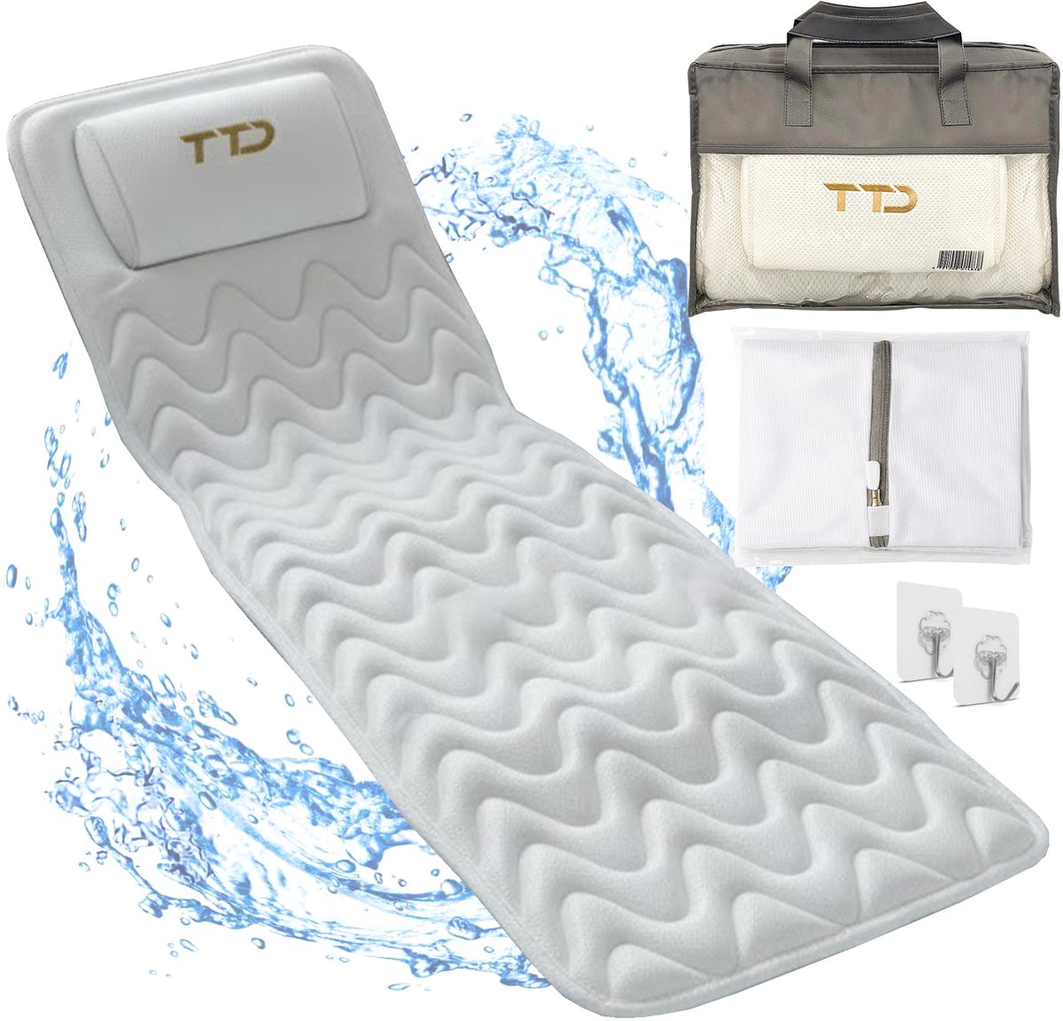 TTD® Luxe Badkussen - Ergonomisch Nekkussen met Hoofdsteun voor in Bad - 6 Sterke Zuignappen voor Fixatie - 5D Air Mesh Stof - Wasbaar in Wasmachine - Inclusief Waszak en Reistas