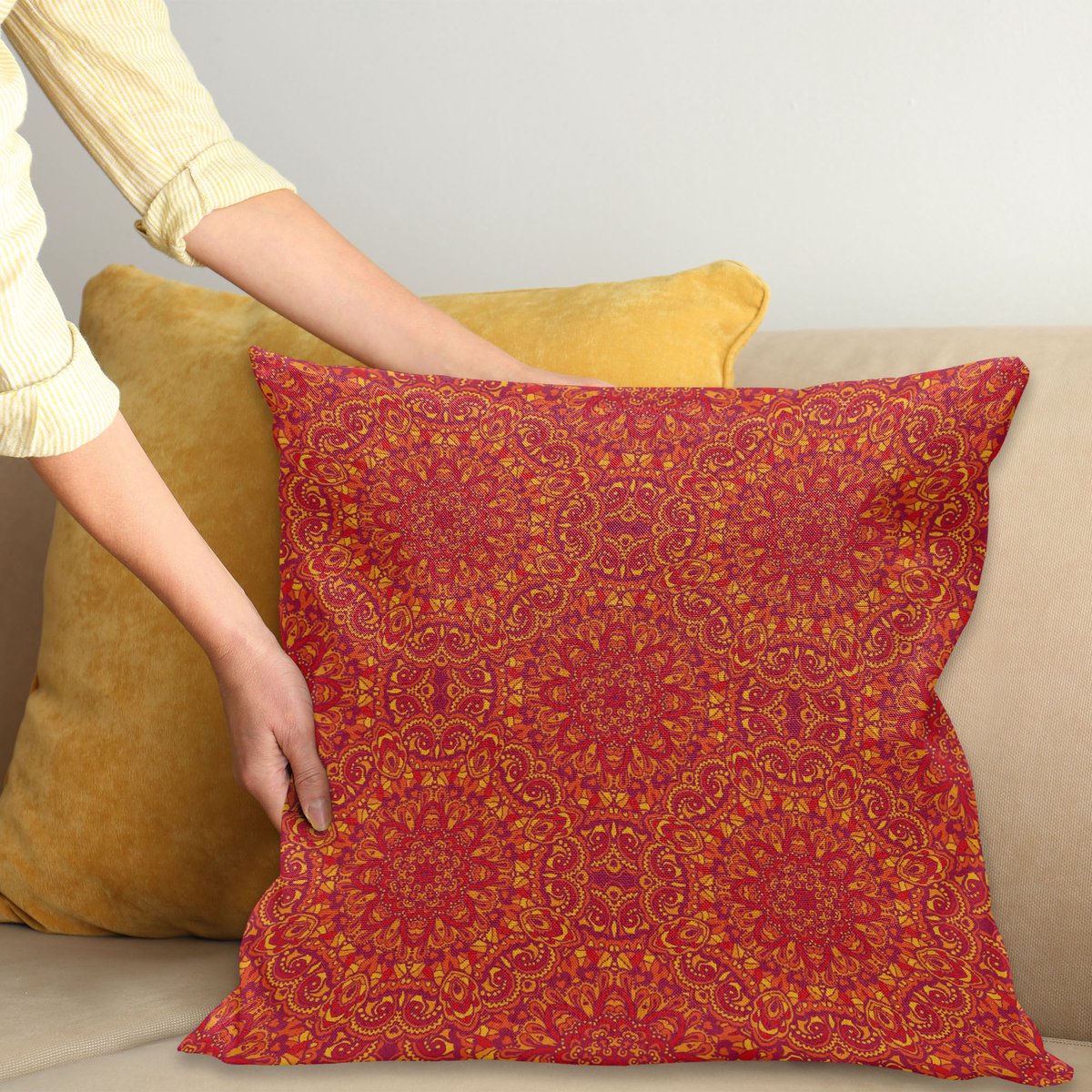 ABAKUHAUS Mandala Kussenhoes, Oosters, voor de Binnen of Buiten Gebruik Geschikt met Ritssluiting Wasbare Stof, 45 x 45 cm, Lila Mosterd Oranje
