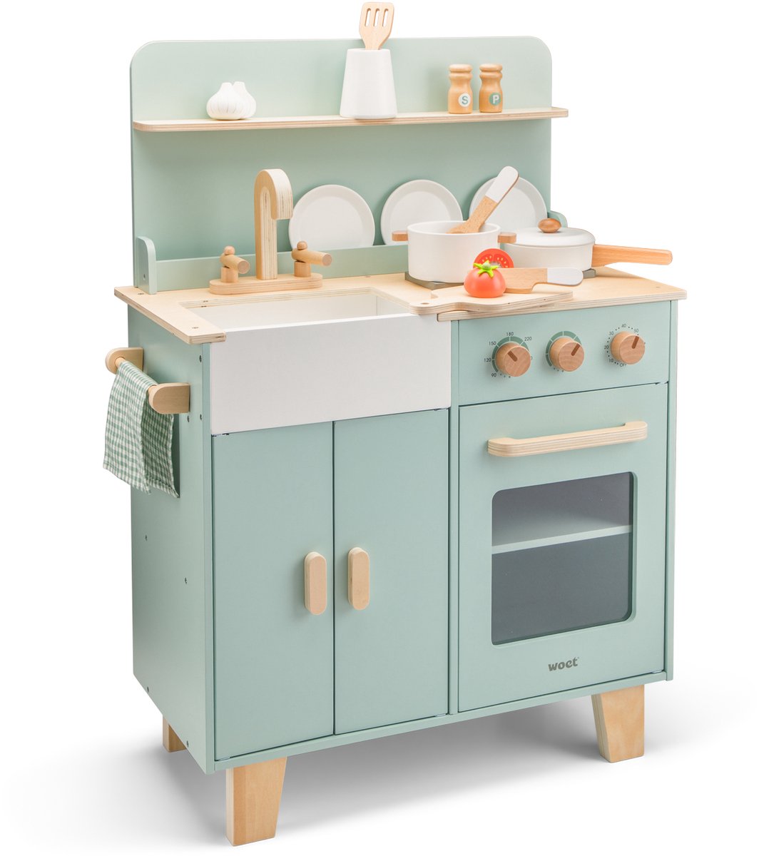 Woet® Houten Speelgoed Kinderkeuken Mint Groen - Speelkeukentje met Pannen, Servies, Groente en Snijplank - Houten Speelkeuken - Werkbladhoogte 55 cm - Rollenspel - Vanaf 3 Jaar — afbeelding 9
