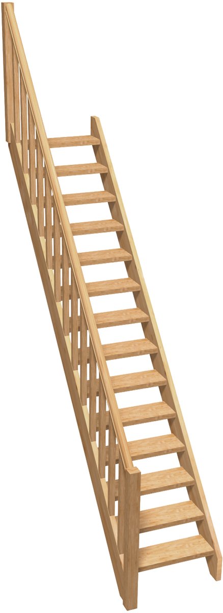 Kordo – Rechte houten trap met balustrade – Normandië – Vurenhout – 13 treden