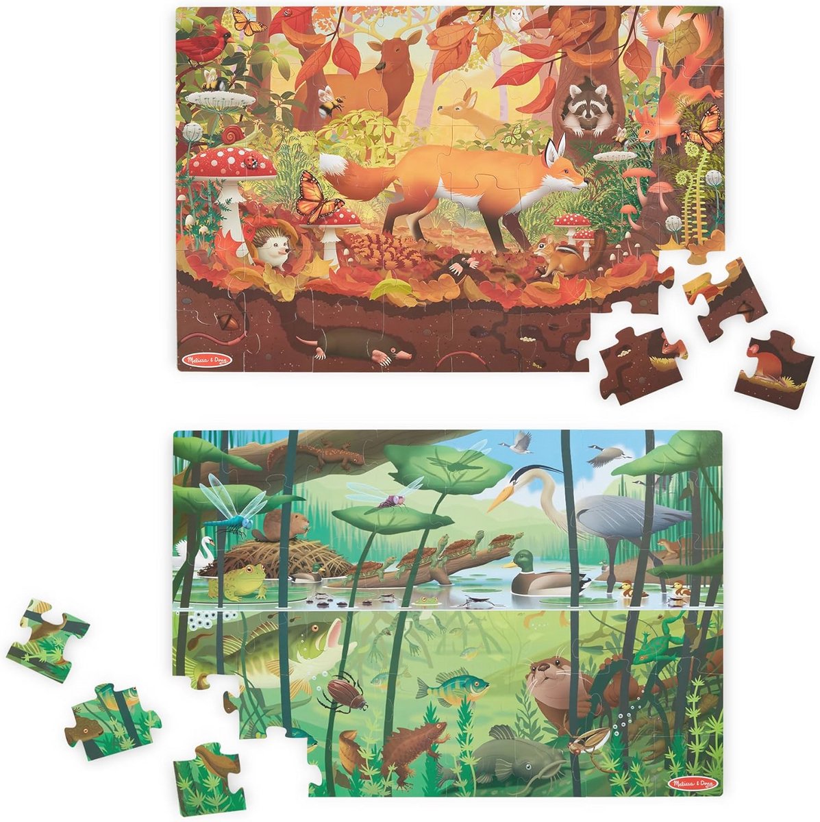 Dubbelzijdige Kartonnen Vloerpuzzel en Vergrootglas - 48 Extra Grote Puzzlestukken