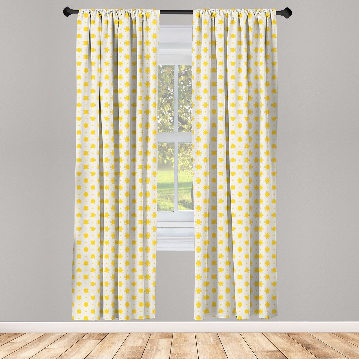 ABAKUHAUS Geometrische raamgordijnen – Zomerzon – 2 panelen 75x175 cm – Geel-wit