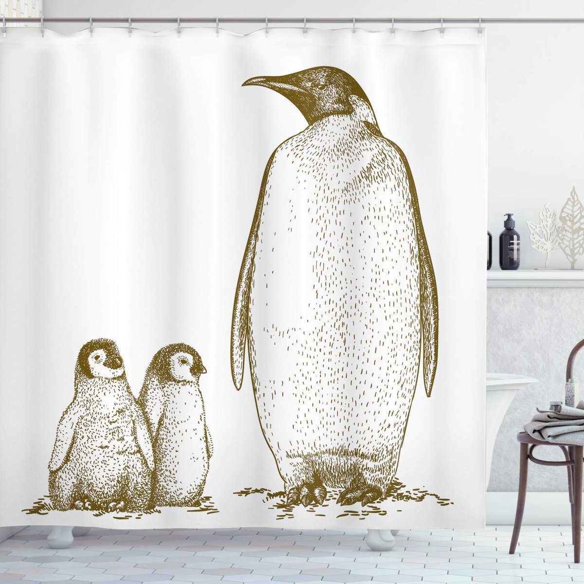 ABAKUHAUS Douchegordijn – Koning & Baby-pinguïn – 175x180 cm – Olijfgroen