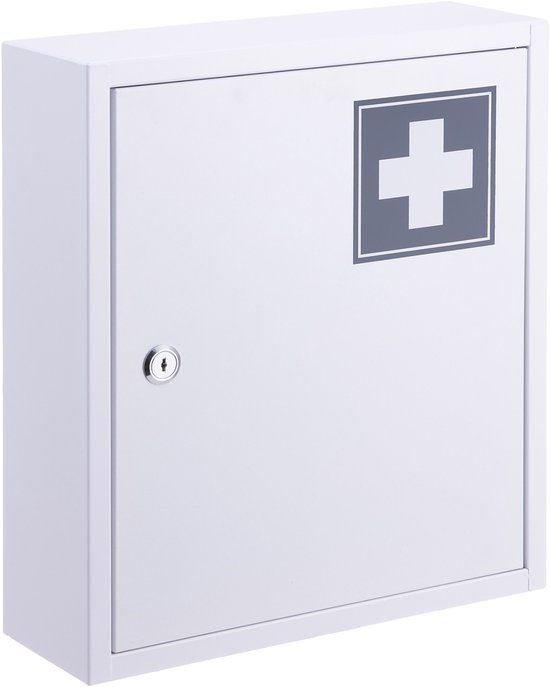 Witte medicijnkast met grijs kruis en slot, 31,5x36x10 cm.