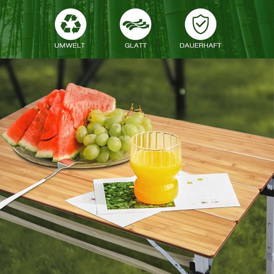 Inklapbare bamboe campingtafel - 100 x 60 cm, hoogte verstelbaar, met 4 opvouwbare aluminium poten voor outdoor activiteiten — afbeelding 3