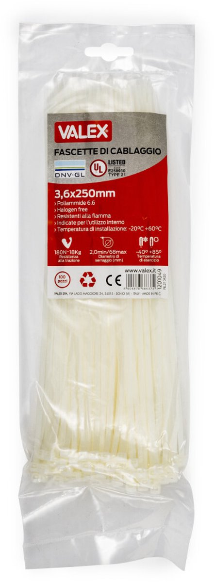 Witte kabelbinders / Tie wraps 3,6X250mm 100 stuks