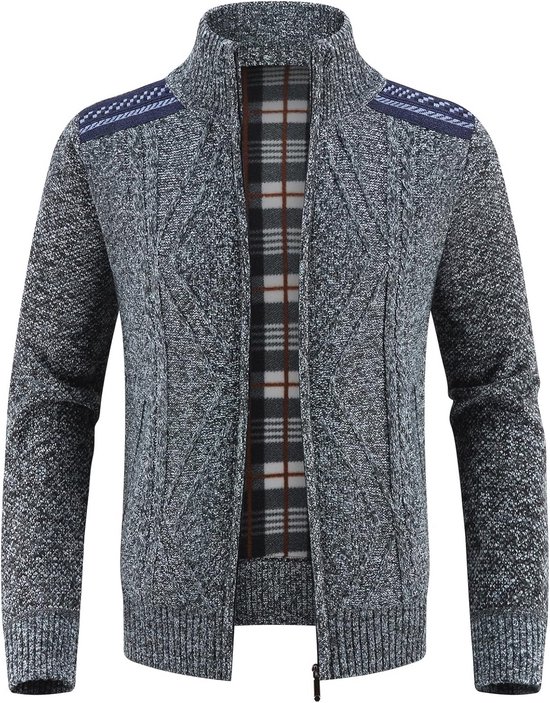 Sliktaa Heren gebreide vest dikke trui volledige rits opstaande kraag fleece gevoerde winterjas, Grijs, L