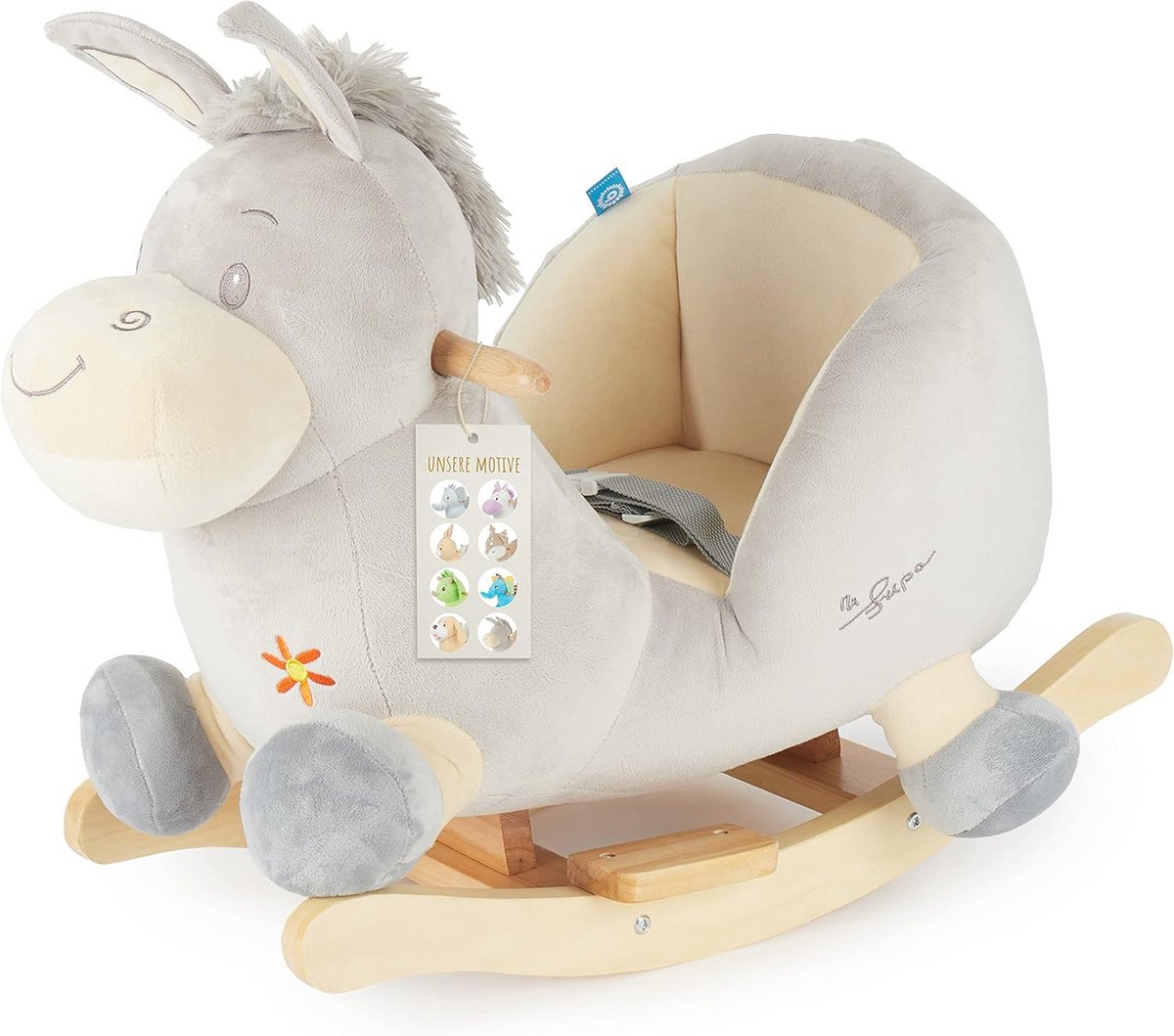 Pluche schommeldier ezel 60 cm | kinderschommelstoel met veiligheidsgordel | babyschommel voor peuters