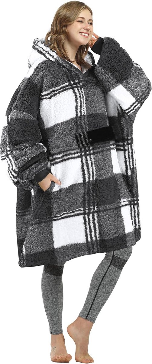 Oversized comfortabele sherpa hoodie voor volwassenen in zwart bufflo plaid