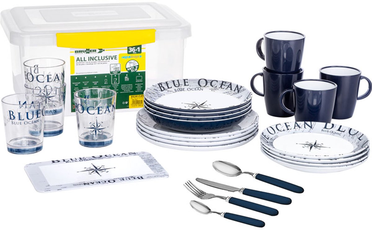 Brunner - Camping Serviesset - Blue Ocean - All Inclusive - 36 delig - Melamine - Vaatwasserbestendig - BPA-vrij