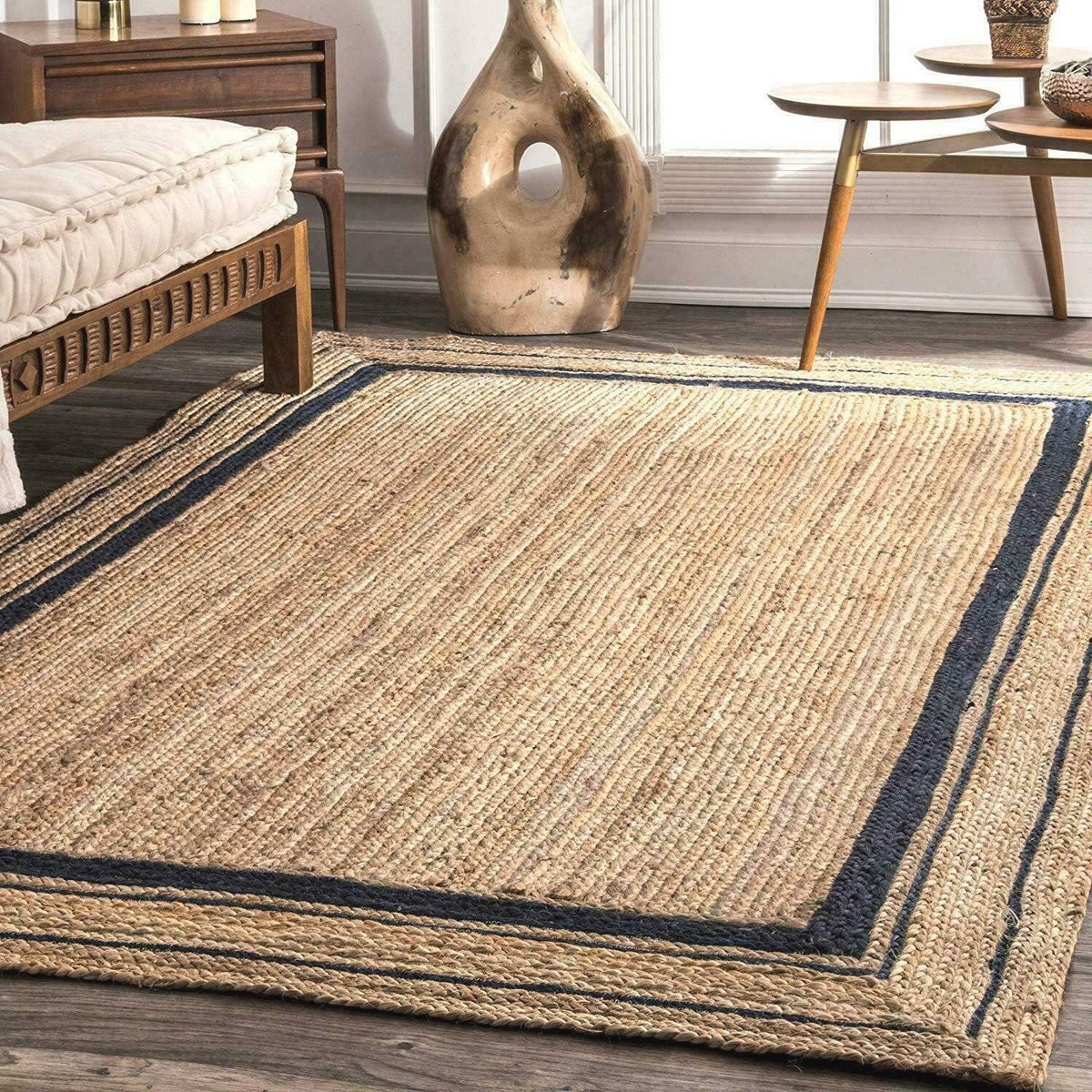 Handgevlochten jute tapijt met zwarte lijn, rechthoekig 90 x 150 cm
