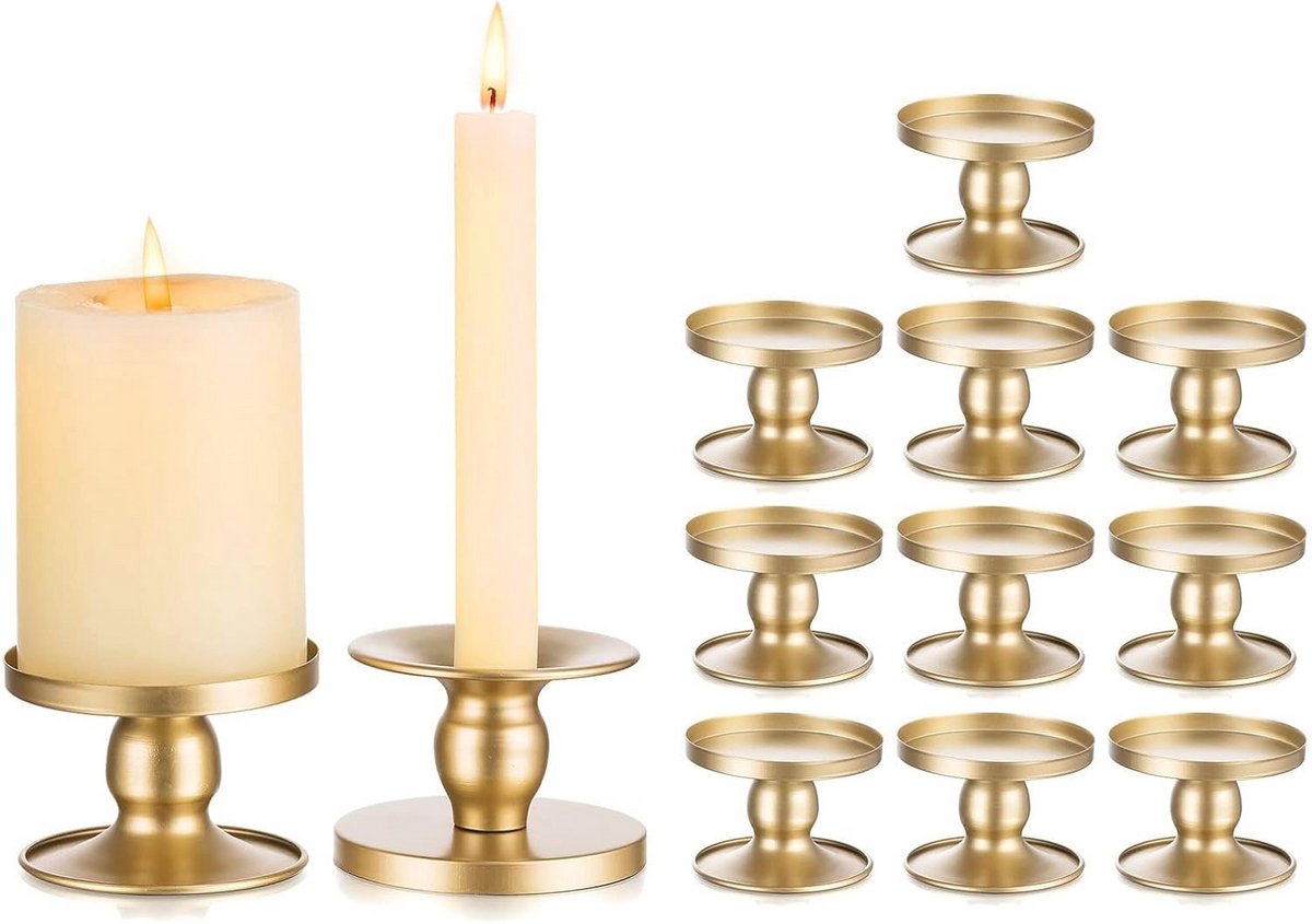 Set van 12 gouden metalen kandelaars voor staafkaarsen - Vintage decoratie voor bruiloften en kerstmis