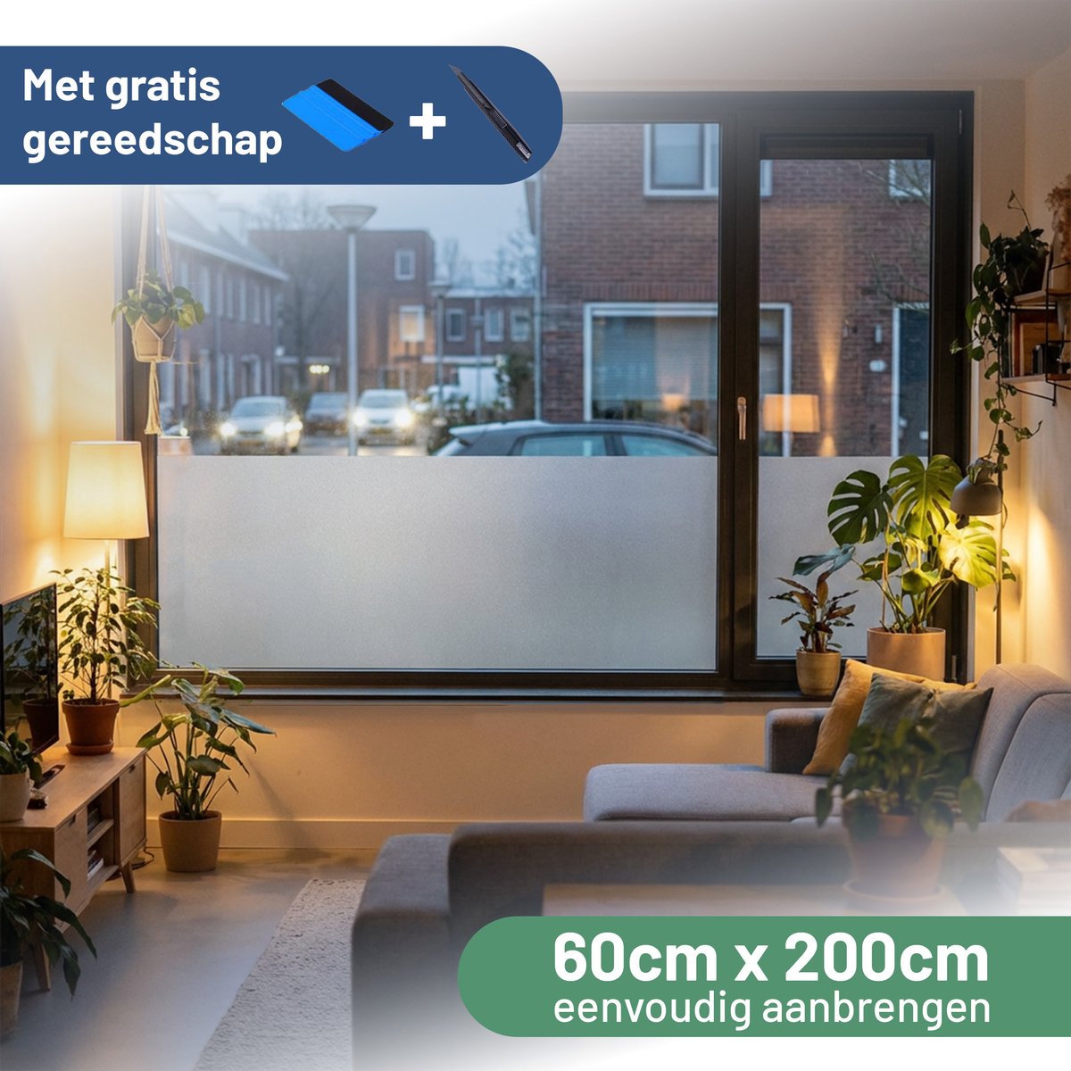 HR++ Raamfolie 60cm x 200cm Anti-inkijk / privacyfolie - melkglas zelfklevend incl. GRATIS gereedschap