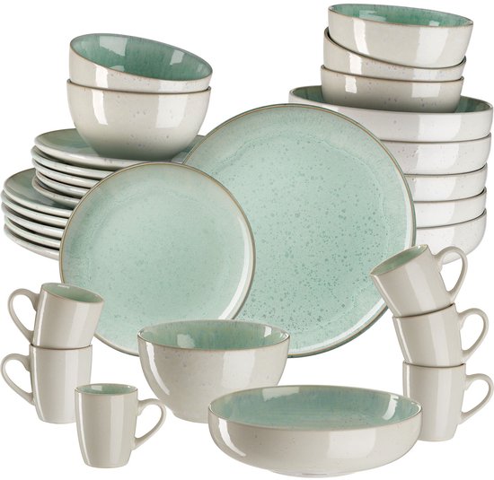 Tectake® Serviesset Mare - 24-delig - Aardewerk Met Glanzend Glazuur 6 Persoons Handgemaakt Servies Moderne Bordenset Met Grote En Kleine Borden Kommen Schaaltjes Vaatwasser En Magnetr