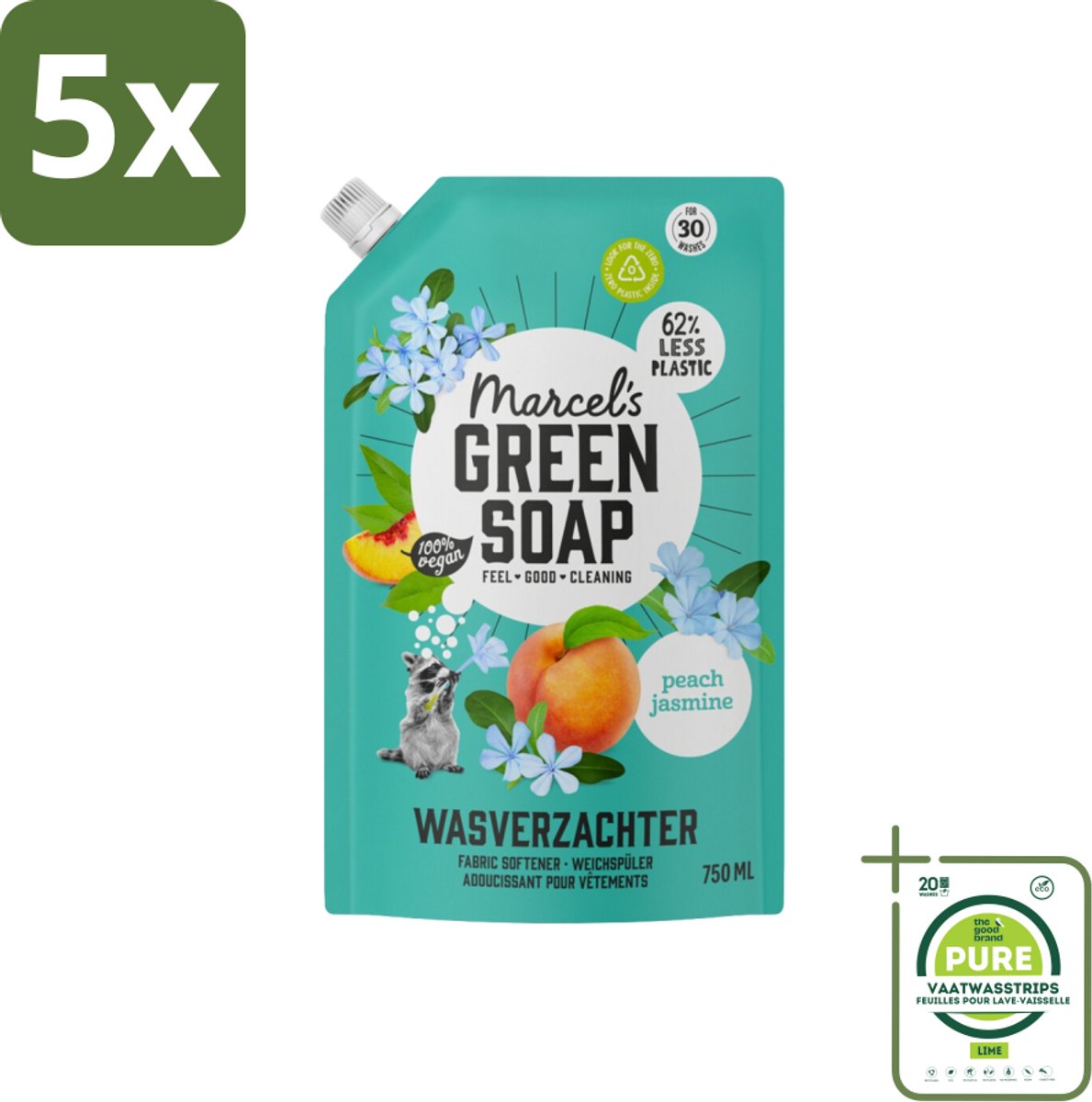 5 x Marcel’s Green Soap – Wasverzachter – Peach & Jasmine Navulling – 750 ml - Grootverpakking - Wasverzachter - Wasverzachter Navulling - Wasverzachter Perzik En Jasmijn - Wasverzachter Voor Kleding - Wasverzachter Voor Beddengoed