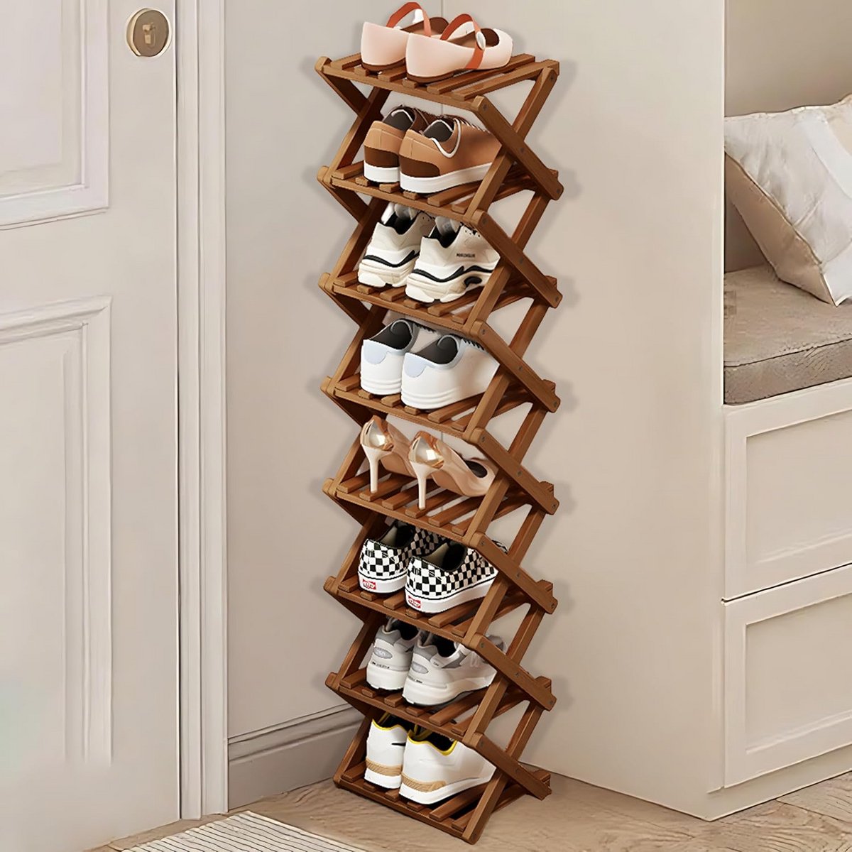 Vouwschoenenrek - Draagbaar Houten Schoenenrek, Hoog en Smal, 8 Tier