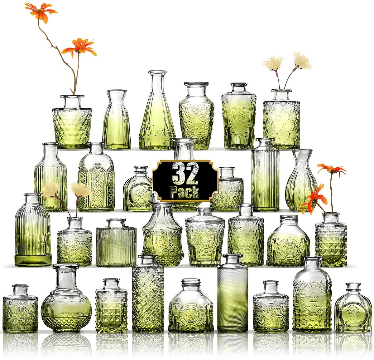 Imperatoris Glazen Vazen / Glazen Flessen – Mini Decoratieve Vaas Flesjes – Helder Glas – Inclusief Strik – 32 Stuks – 6.8 x 6.8 x 11 cm – Groen