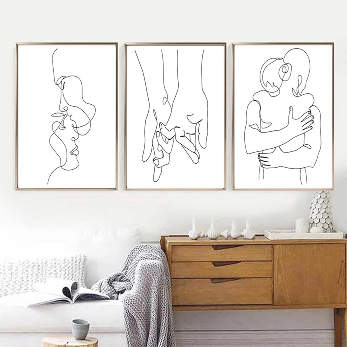 Set van 3 moderne abstracte wandposters met zwarte en witte lijnen voor woonkamer