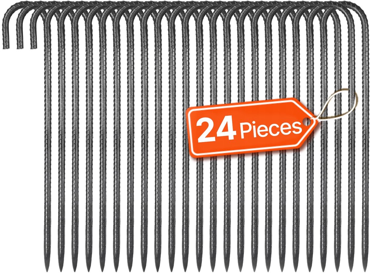Grondankers - J-vorm tentharingen - Lengte 40,6 cm - Diameter 10 mm - Gegalvaniseerd staal - Voor tenten, luifels, trampolines - 24 stuks