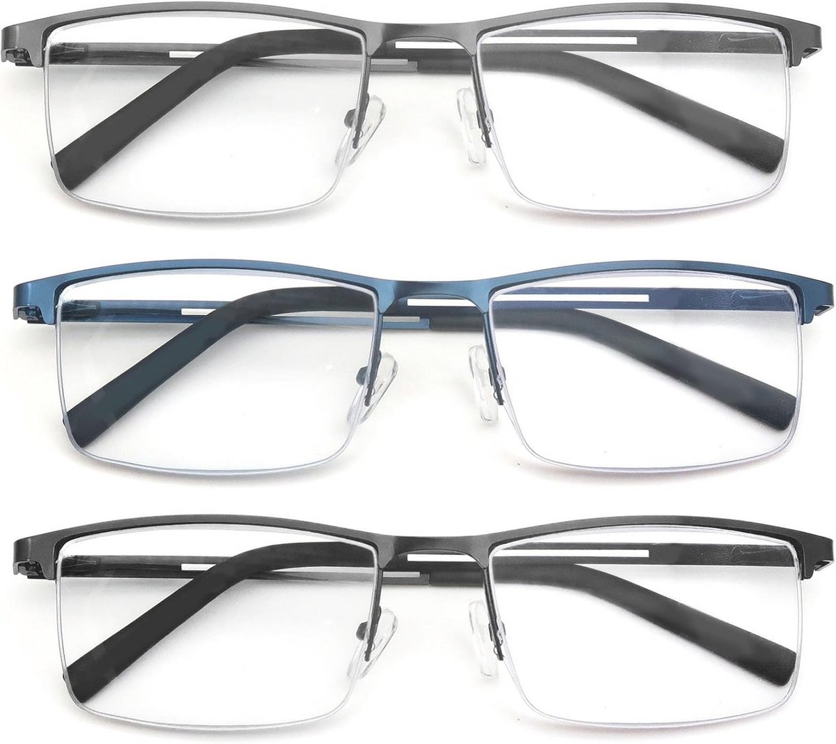 3-pack leesbrillen heren met blauwlichtfilter - Metalen rechthoekige brillen