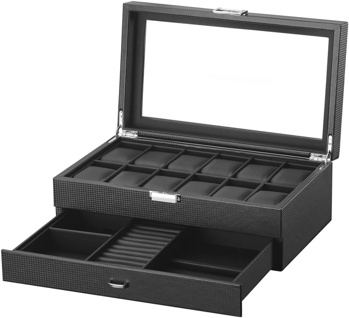 2-Tier Horlogedoos met Glasplaat - Juwelenopslag met 12 Compartimenten en 1 Lade voor Horloges, Ringen, en Armbanden