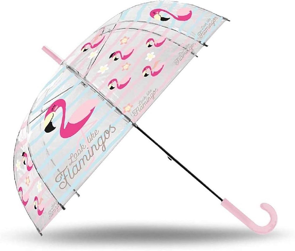 Transparante Kinderparaplu Flamingo - Automatisch Openend - Sterk Glasvezel
