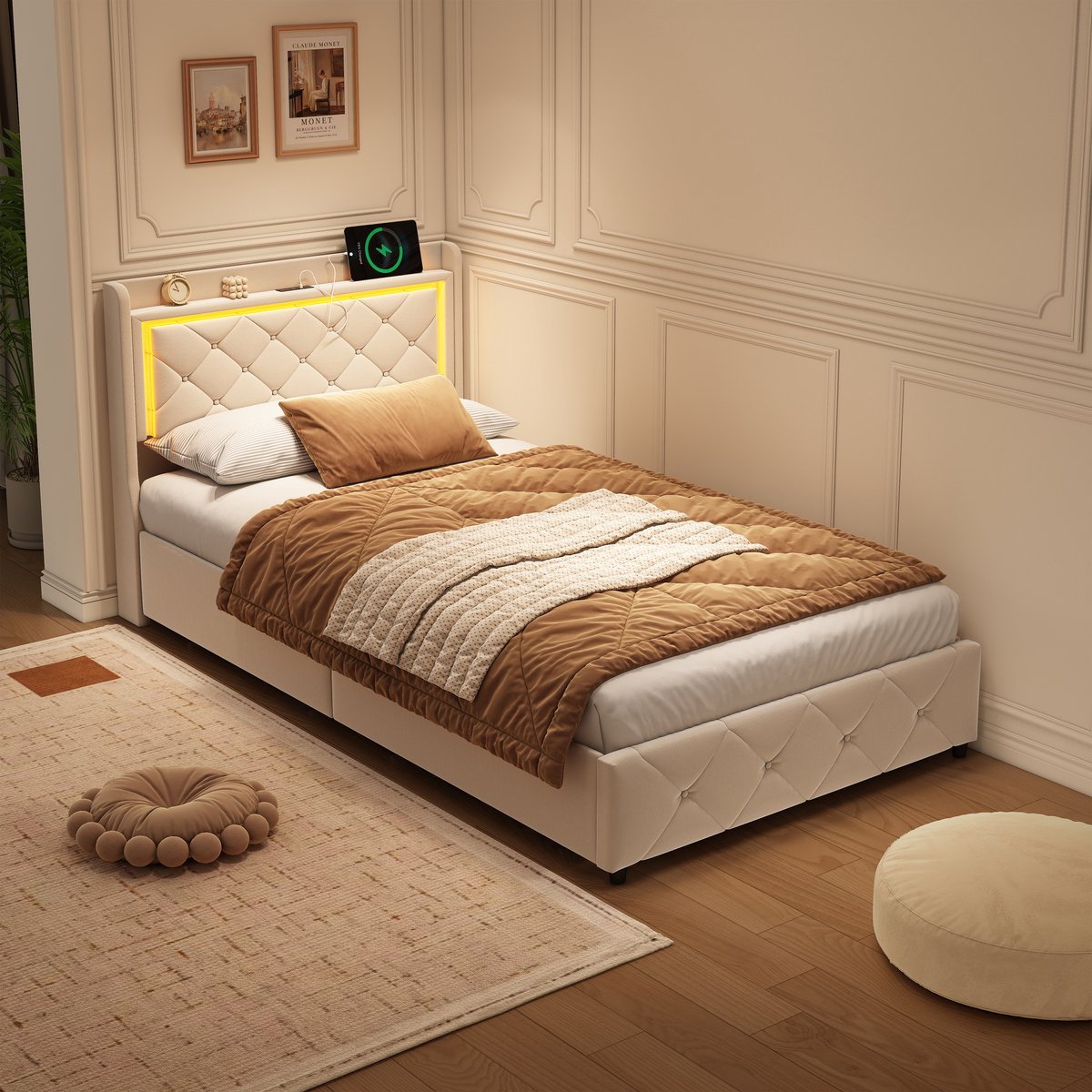 Gasveerbed Beige 90x200 cm met LED-verlichting en Opbergruimte - Gasveerbed - €239,99