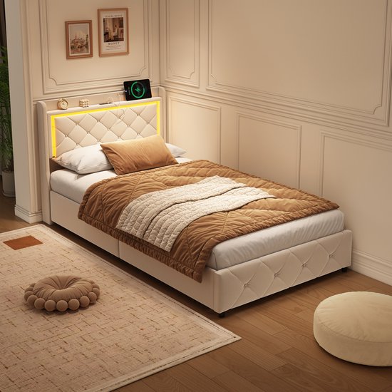 Gasveerbed 90x200 cm met LED-verlichting en USB, met opbergruimte onder het bed – comfortabel voor lezen, relaxen en opbergen – Beige