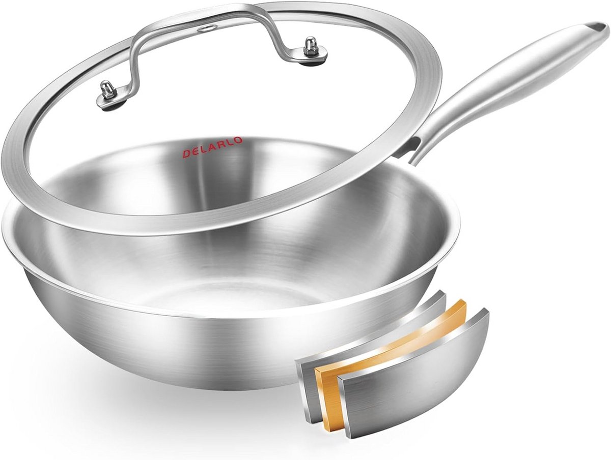 RVS Wok Pan - 10 Inch Tri-Ply met Deksel - Ovenbestendig en Geschikt voor Inductie
