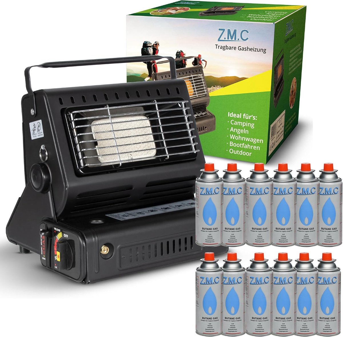 Z.M.C 2-in-1 draagbare gaskachel en gasfornuis + 12 gaspatronen 227 g, keramische campingkachel 1,7 kW, gaskachel voor buiten en terrassen, tuin & balkon, mobiele straalkachel met piëzo-ontsteking