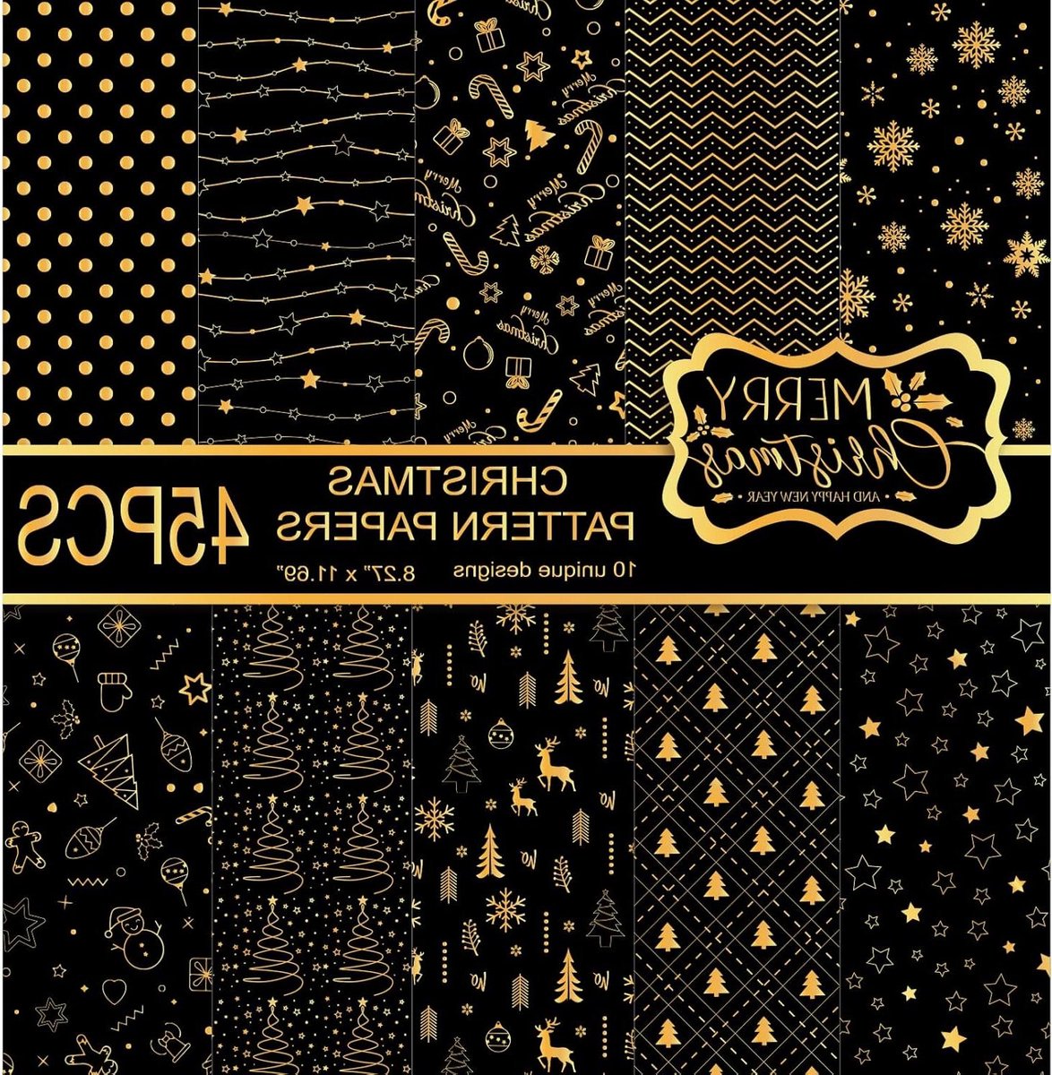 Allecta - Papierset Merry Christmas Patroon - 45 Vellen A4 Formaat - Dubbelzijdig Knutselpapier - Festival Decoratief - Kaarten Maken Plakboek - Zwart en Goud