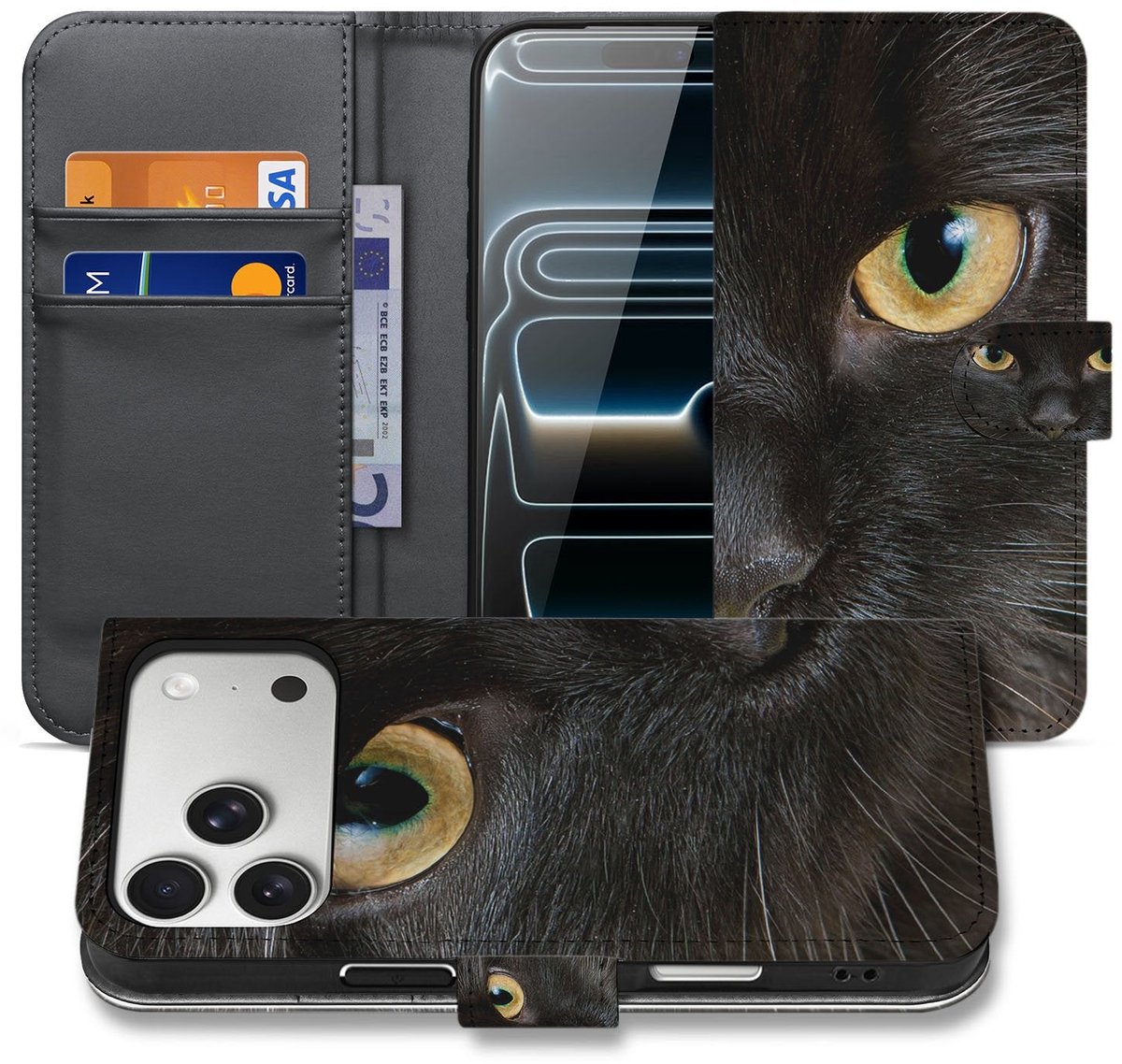 Portemonnee Hoesje iPhone 17 Pro Max Zwarte Kat Met Pasjes