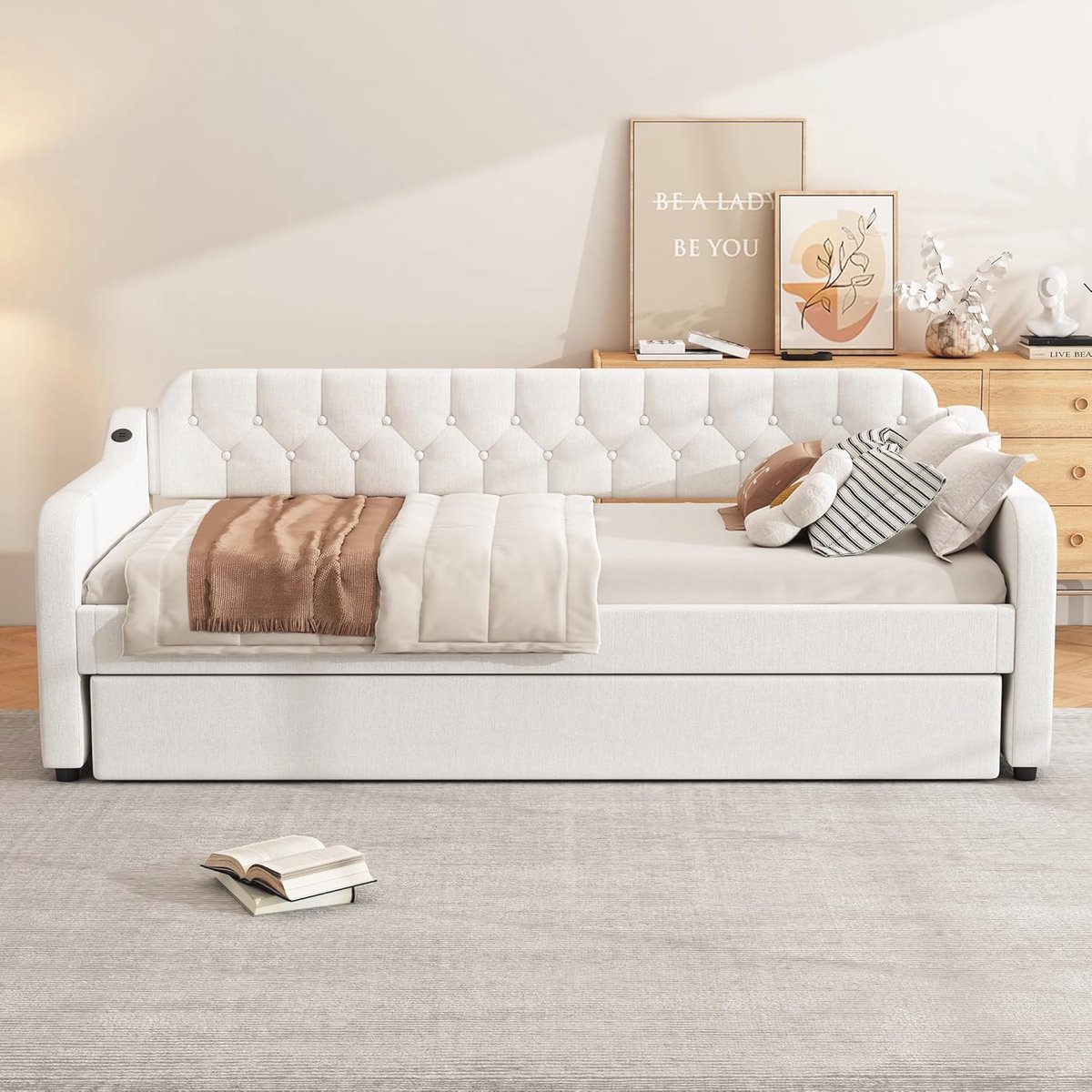 Slaapbank 90 x 200 cm met uittrekbaar rolbed en USB-poort - Beige
