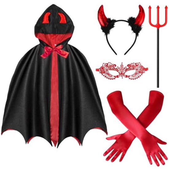 Duivelskostuum voor dames - Halloween kostuum met hoorns, haarband, handschoenen en oogmasker