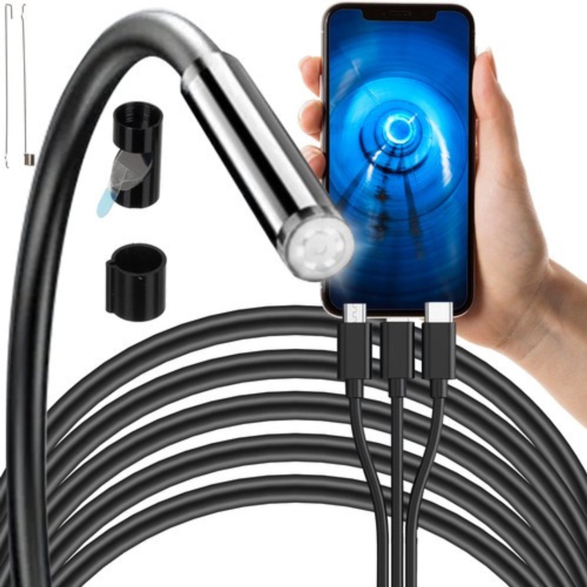 MOZY® - Endoscoop - tot 2 Meter - 3 Opzetstukken - met Verlichting - Inclusief Magneet, Spiegel en Haak - Op telefoon - 7,9 mm Camera Dikte