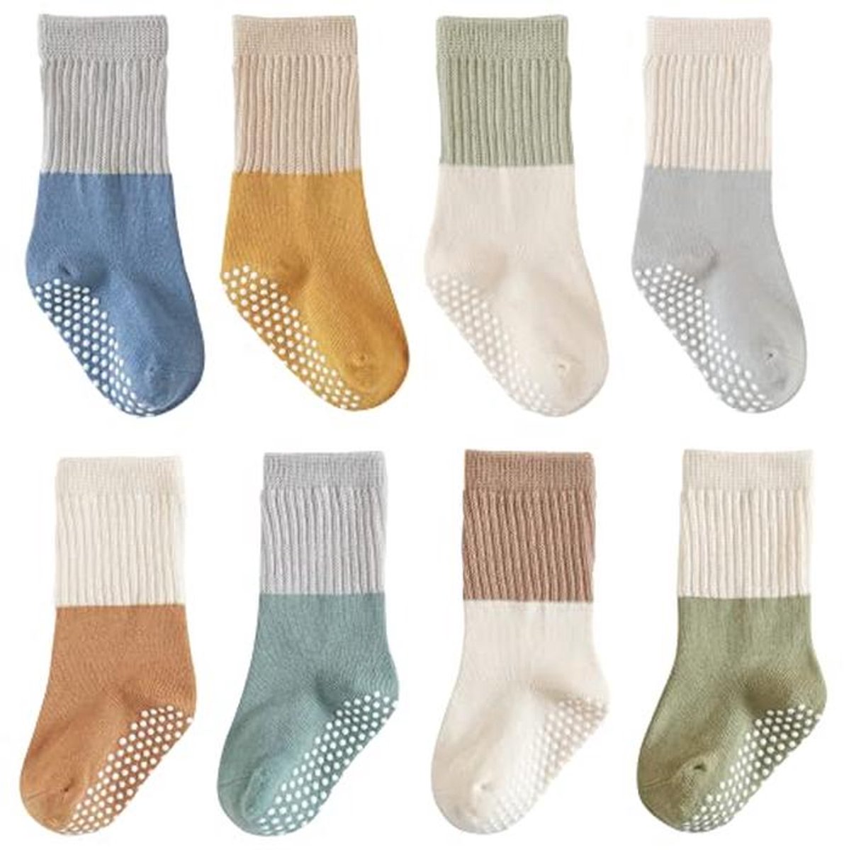 Antislip Babysokken voor Peuters en Baby's - Katoenen Sokken met ABS Antislipnoppen - 8 Paar in Diverse Kleuren