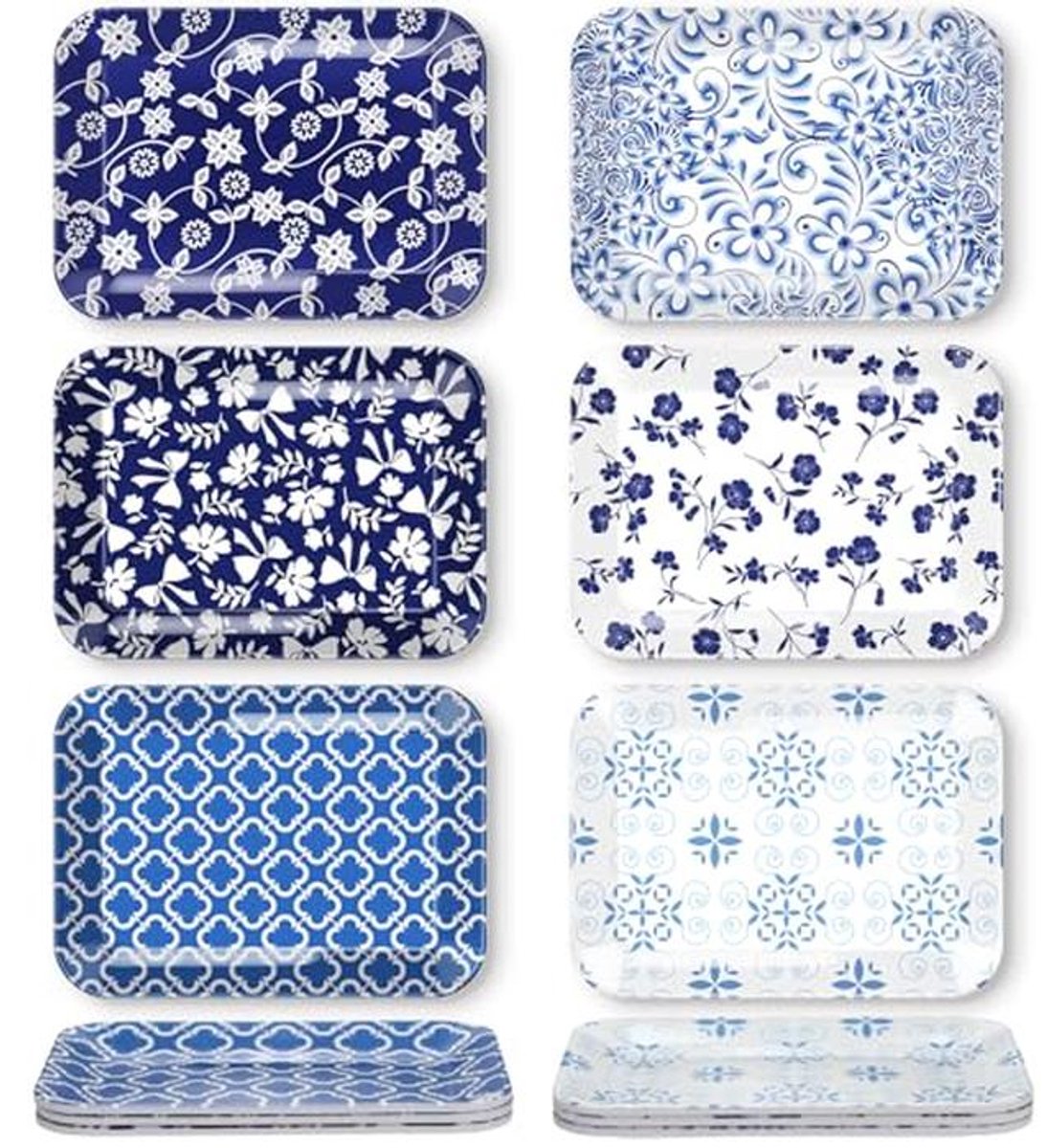 12 Stuks Melamine Rechthoekige Schalen 20 cm - Blauwe en Witte Imitatie Keramiek Serveerschalen voor Salades, Desserts, Sushi en Voorgerechten - Magnetron en Vaatwasmachinebestendig